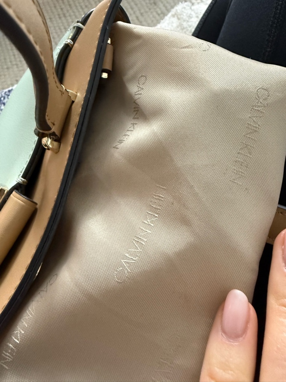 Calvin Klein Camille Lock Satchel Beige/Mint Green - Picture 12 of 16